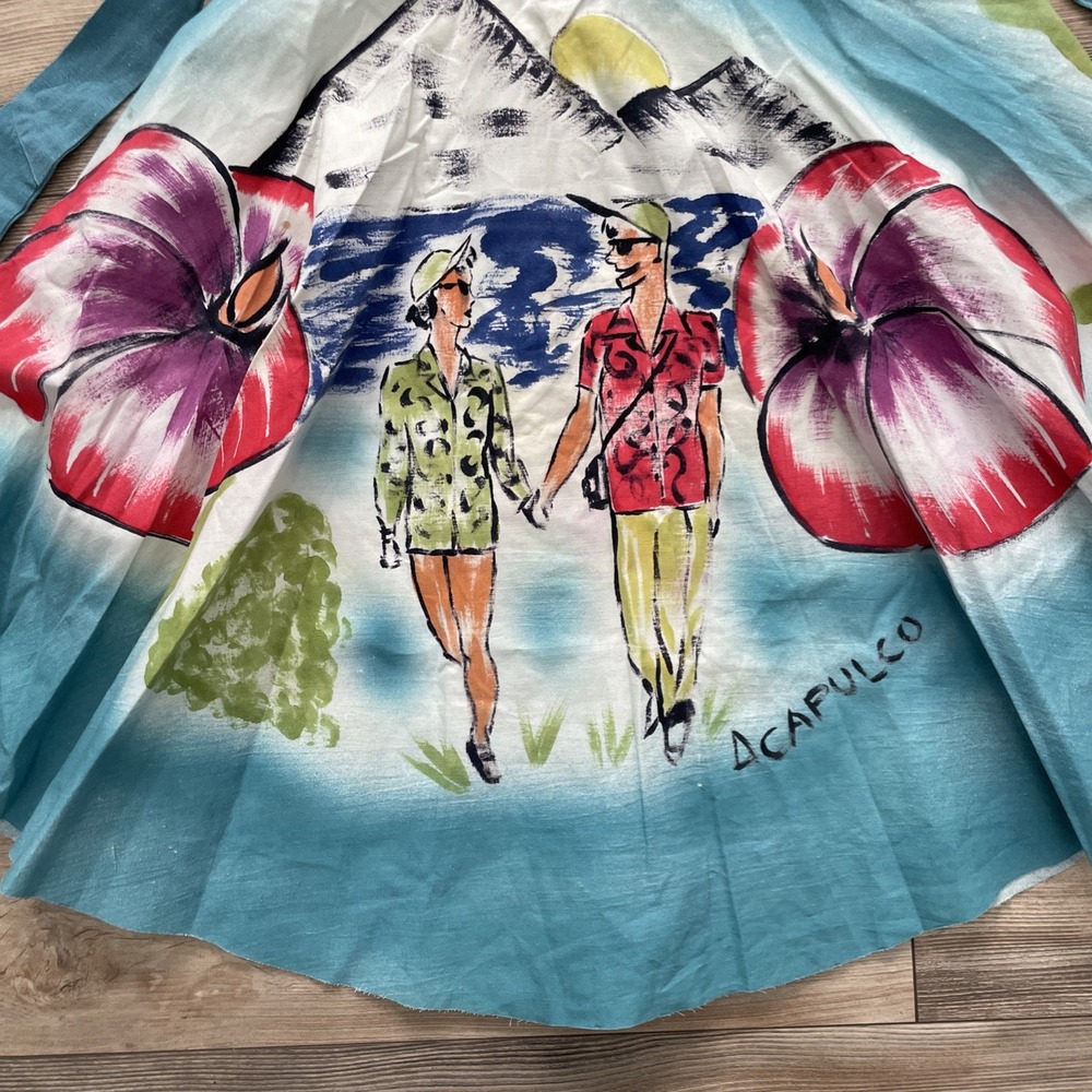 Vintage 1950s Mexican Circle Skirt Hand Painted Acapulco Cotton Blue 24 Waist